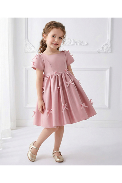 Mark & Mia Bow Detailed Embellished Short Sleeves Frock - Pink