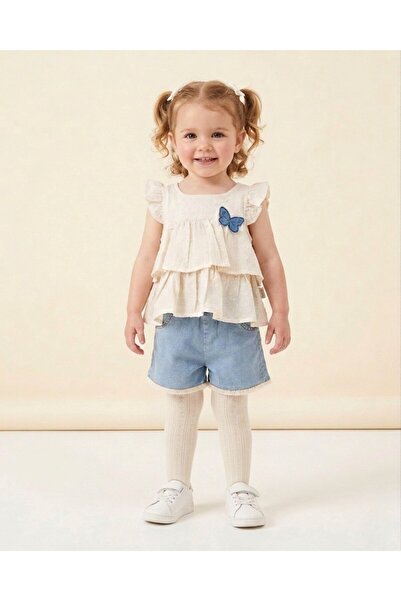 VOY KİDS Girl's Festive Butterfly Detailed Pompom Blouse and Denim Shorts Sty...