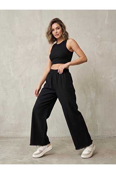 Naknaku Washed Tassel Trousers-Black
