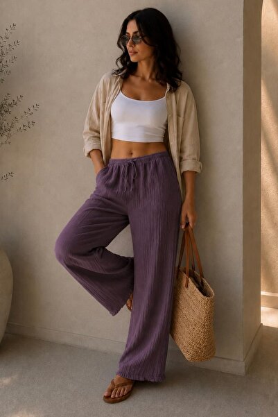 bb butik basic Women's Muslin Casual Trousers with Elastic Waist and Detailed...