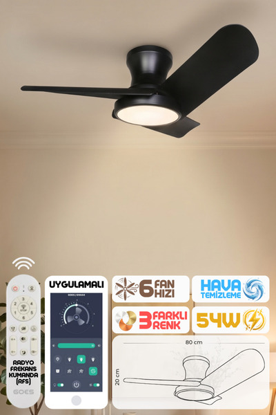 Enshall 80cm Modern Goes Uzaktan Kumandalı 3 Kanatlı Uygulamalı Tavan Vantila...