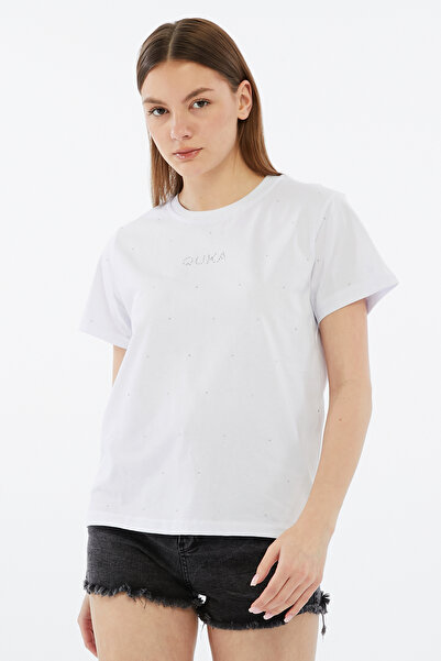 QUKA Serpme Taşlı- %100 pamuk 24-1 Beyaz Tshirt/Regular Fit Kalıp