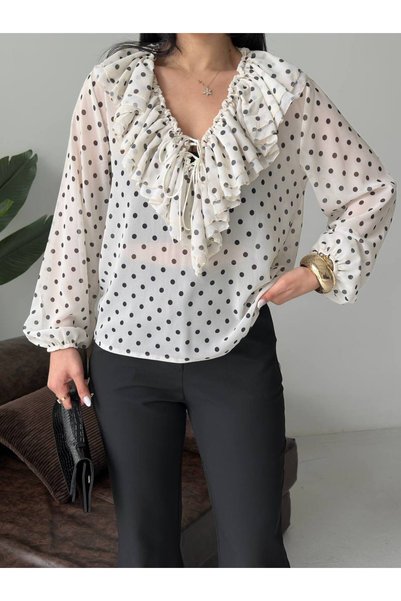 Budan Export Women's Polka Dot Chiffon Ruffle Collar V-Neck Lace Detailed Balloon Sleeve Loose Blouse