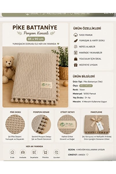 İlk Nefes waffle pike battaniye vizon rengi kenarı ponpon detaylı