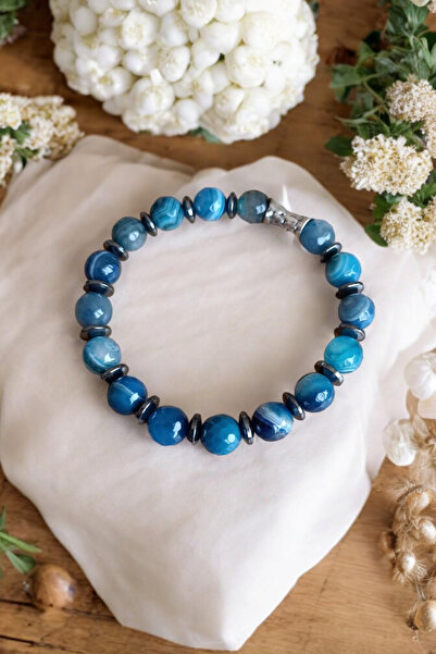 Zodyak Doğal Taş Blue Agate Bracelet Large Agate Stone Bracelet Faceted Cut O...