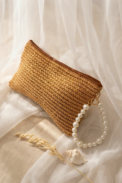 heybelprive Tasarım Hasır Clutch Çanta, Hasır El Çantası, İncili Hasır Çanta