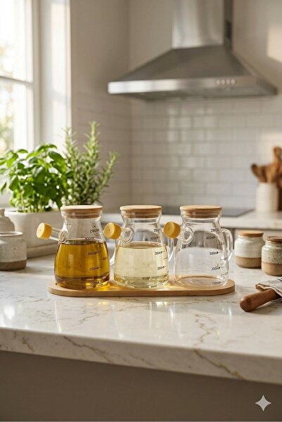 Hellomani Set of 3 Borosilicate Glass Oil Bottles with Bamboo Lids and Bamboo...
