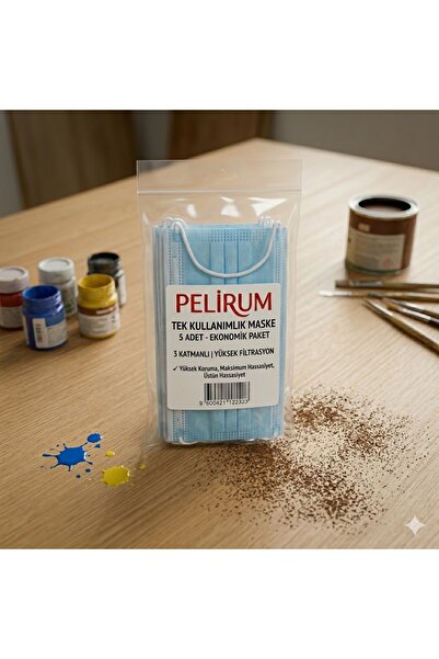 Pelirum 3 Katmanlı Mavi Maske 5'li Paket - Taş Tozu ve Boya İşleri İçin Toz K...