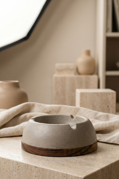 KAFNA Yuvarlak Beton Küllük Ahşap Tabanlı Dekoratif Modern Küllük