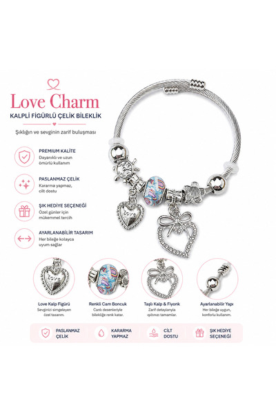 Mervişim Aksesuar Modern Steel Stylish Heart Figured Love Charm Women's Bracelet