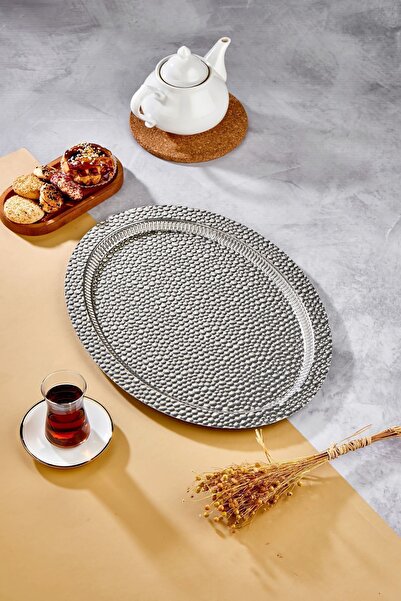 Arsimo Paslanmaz Metal Oval Tepsi 37CMX27CM Kahve Sunum Söz Nişan Tepsi