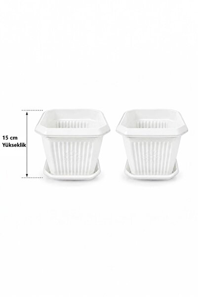 GÜZELYÜZ AVM 2 Adet Kare Saksı Seti | Beyaz Renk Tabaklı Saksı Seti 2,5 Litre...