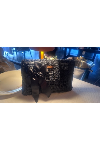 Bucci Handmade Siyah Fiyonk Detaylı Örgü Clutch Kadın El Çantası Abiye & Davet Çantası