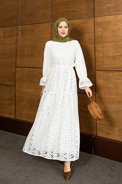 Nes Moda Kadın Kuşaklı Kol Güpür Detaylı Fisto Tesettür Elbise