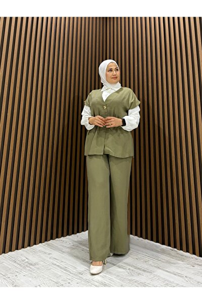 bellatrend Haki Elegance 3-Piece Hijab Set – Shirt, Vest & Wide-Legged Pants