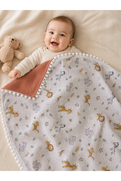 Mini Okyanus Bebe Müslin Ponponlu Pike Battaniye_Turuncu