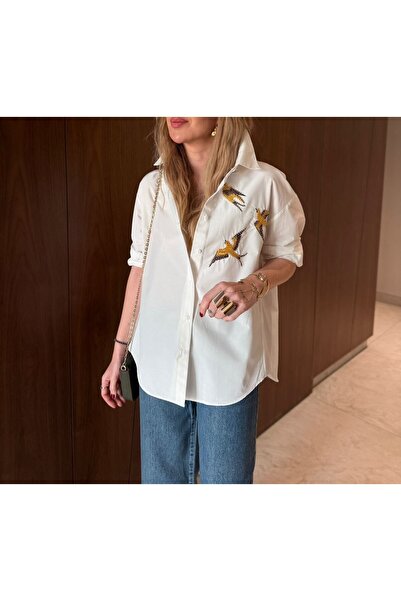 Lavanta Tekstil Beaded Bird Embroidered Shirt