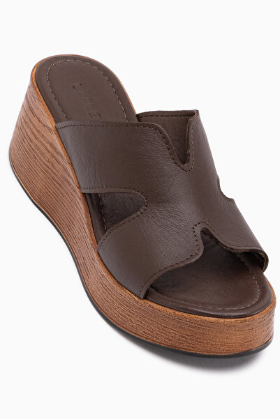 Limoya Gerdh Genuine Leather Brown Wedge Heeled Women's Slippers
