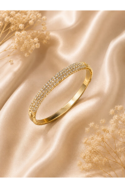 JEWELRY NOVA LİNE Kadın Gold Üç Sıra Zirkon Taşlı Çelik Kelepçe Bileklik