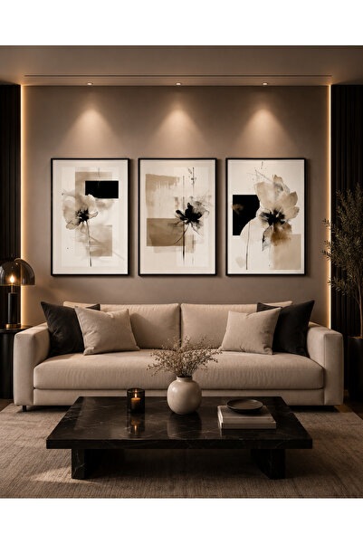 Dekor Minimalist Soyut Floral 3’lü Tablo Seti – Modern Bej Siyah Duvar Dekoru...