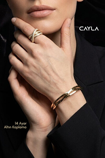 Çayla Kadın 14 Ayar Altın Kaplama Burgu Kelepçe Bileklik Üç Sıra Yassı Gold B...