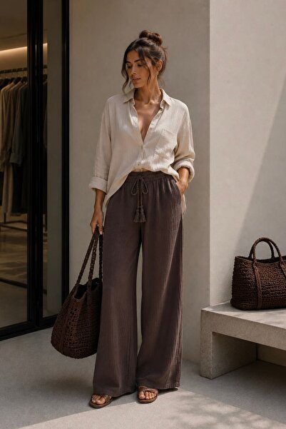 bb butik basic 100% pamučna muslin tkanina, široke ženske pantalone MY3535