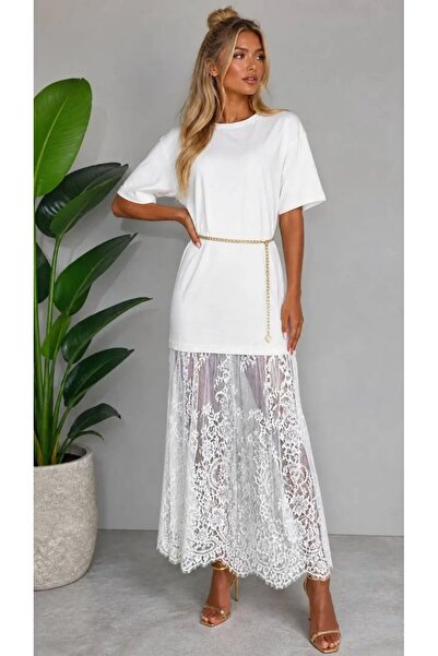 Park Karon Women's Crew Neck Dress with Lace Skirt Oversized Combed Cotton Dr...