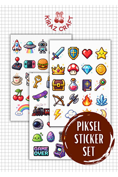 Kiraz Craft Piksel & Retro Game Sticker Seti – Laptop, Defter, Tablet ve Tele...