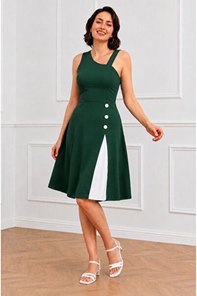 Generic Brand Rochie scurtă Janjan din crep, cu nasturi, cu bretele pe umeri ...