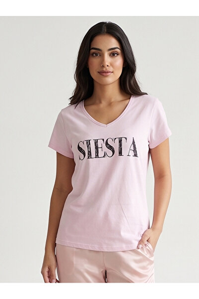 Bousni Women's Pink Printed V-Neck T-Shirt, Soft Summer Wear
