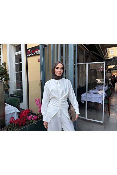 halefoglu belden oturtmalı bağcıklı gömlek