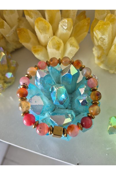 güleçdoğaltaş Natural Agate Stone Bracelet - 8 mm Pink Orange Agate & Gold Hematite Detailed - 18 cm Men's Women's Bracelet