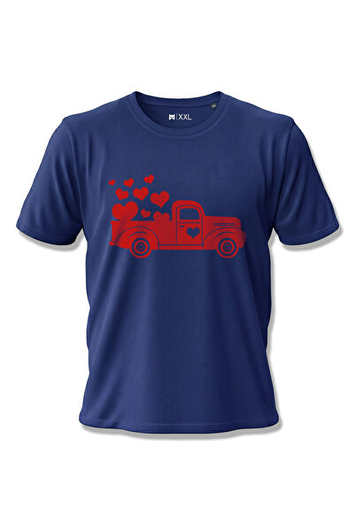 North Whiskers Heart Loaded Red Pickup Truck Printed 100% Cotton Navy Blue Lo...