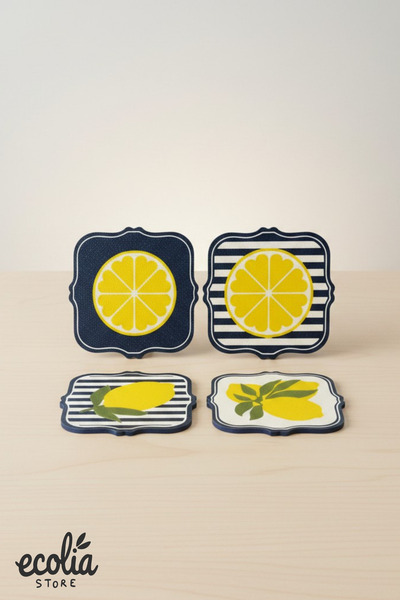 ecolia store Set of 4 Lemon Patterned Coasters Kitchen Decor Coffee Cup Coasters - Navy Blue