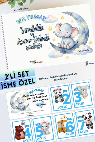 Lodos 2'Lİ SET İSME ÖZEL Anı Defteri Cute Animals Hamilelik ve Anne Bebek Anı...