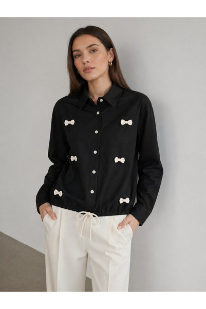 rota 360 Bow Detailed Comfortable Fit Long Sleeve Lace-Up Women's Shirt