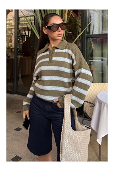 LC Waikiki Nevavm Khaki Polo Collar Striped Women's Knitwear Sweater Mg2469