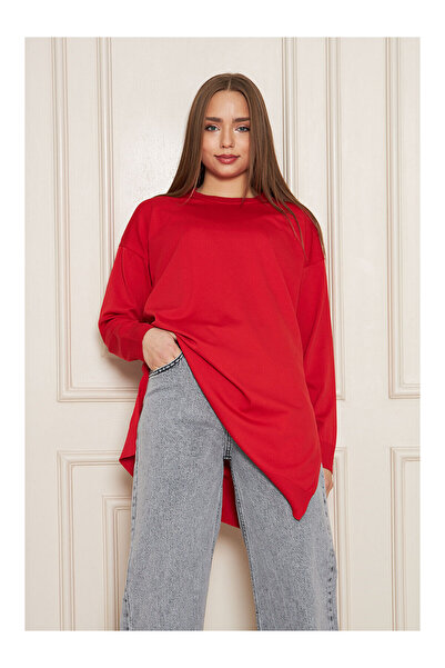 LC Waikiki Nevavm Women's Oval Collar Slit Oversize Red Knit Sweater