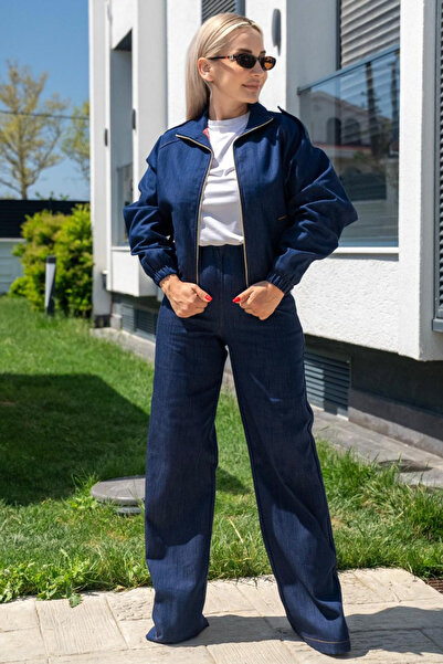 Muna Boutique Women's Denim Suit Lined Jacket and Elastic Waist Pants