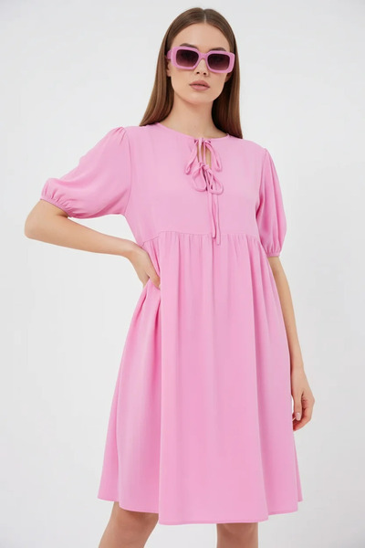 buğrahayalin Women's Round Neck Gathered Waist Short Sleeve Viscose Pink Dress