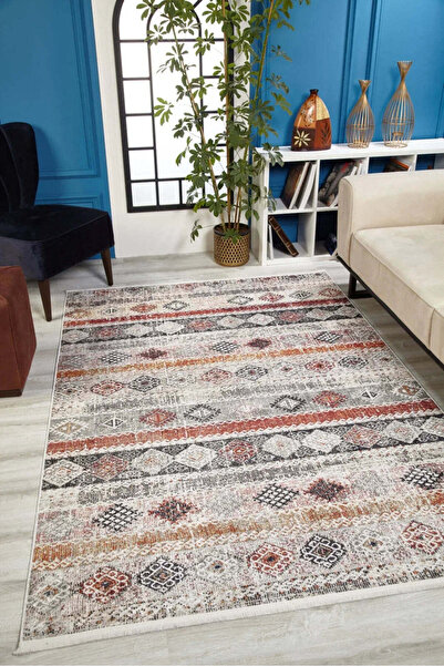 halinet Halı.Net Beige Ethnic Bohemian Washable Non-Slip Living Room Carpet H...