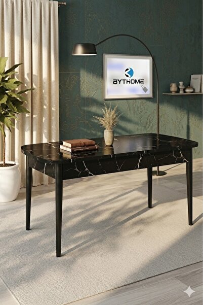 BYT HOME Mutfak Masası Açılabilir Masa 6 Kişilik Masa Ahşap Masa Siyah Mermer...