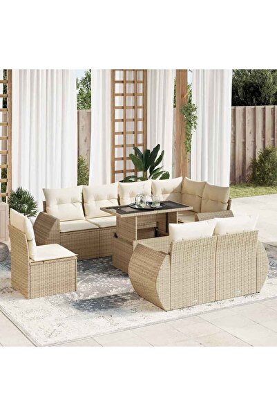 vidaxl Set canapele de gradina, 9 piese, cu perne, bej, poliratan
