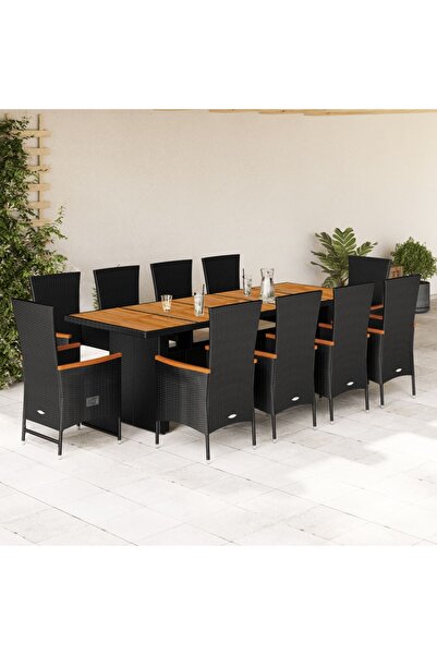 vidaxl Set mobilier de exterior cu perne, 11 piese, negru, poliratan