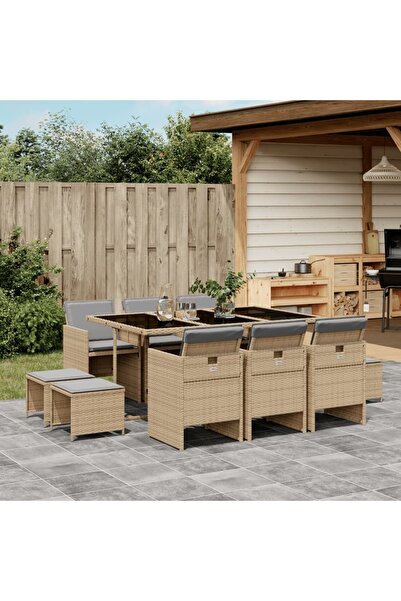 vidaxl Set mobilier gradina cu perne, 11 piese bej combinat poliratan