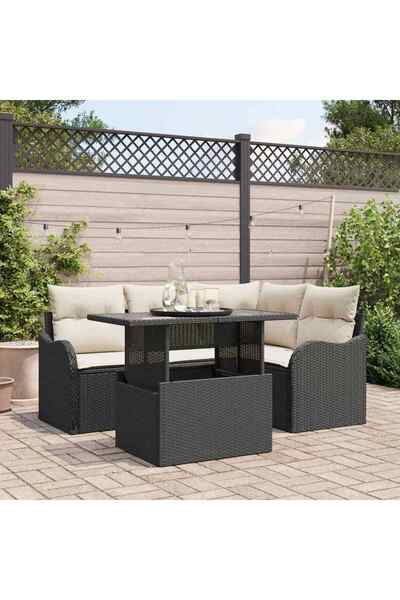 vidaxl Set dining pentru exterior cu perna 5 pcs Negru Rattan poli