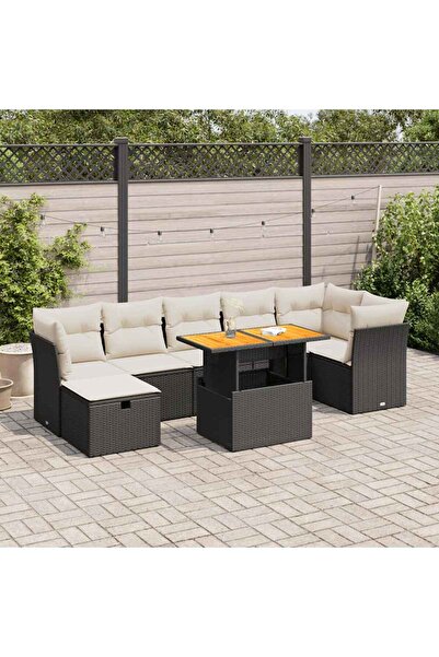 vidaxl Set mobilier gradina perne 8 piese negru, poliratan/lemn acacia