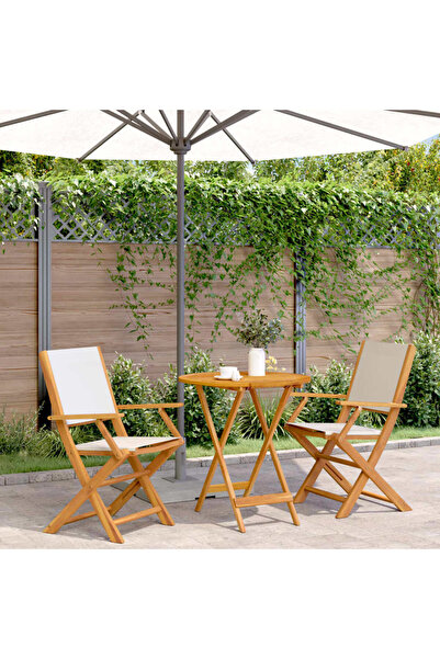 vidaxl Set mobilier bistro, 3 piese, textil alb crem/lemn masiv