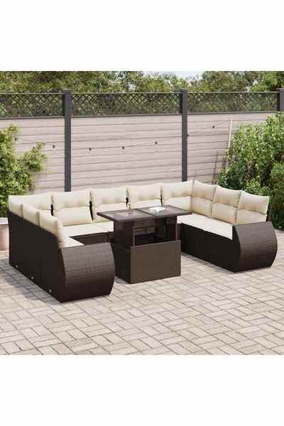 vidaxl Set canapele de gradina cu perne, 10 piese, maro, poliratan