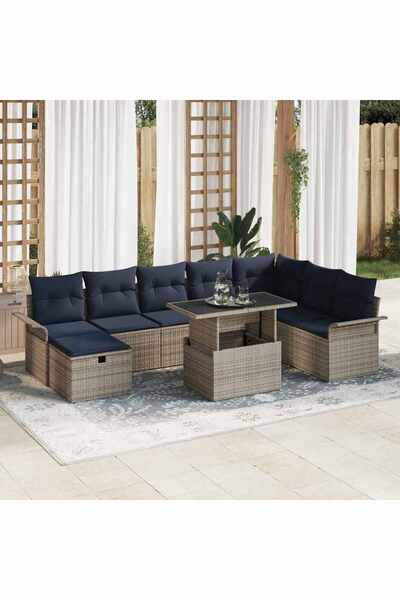 vidaxl Set de canapele pentru gradina cu perna 9 pcs Gri Rattan poli